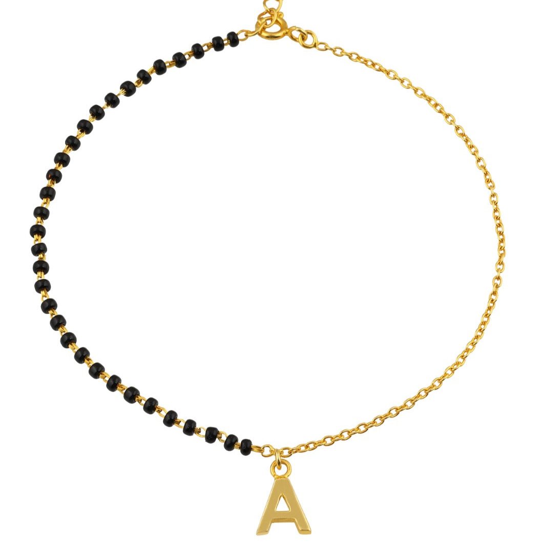 Black Bead Initial Anklet in 92.5 Sterling Silver